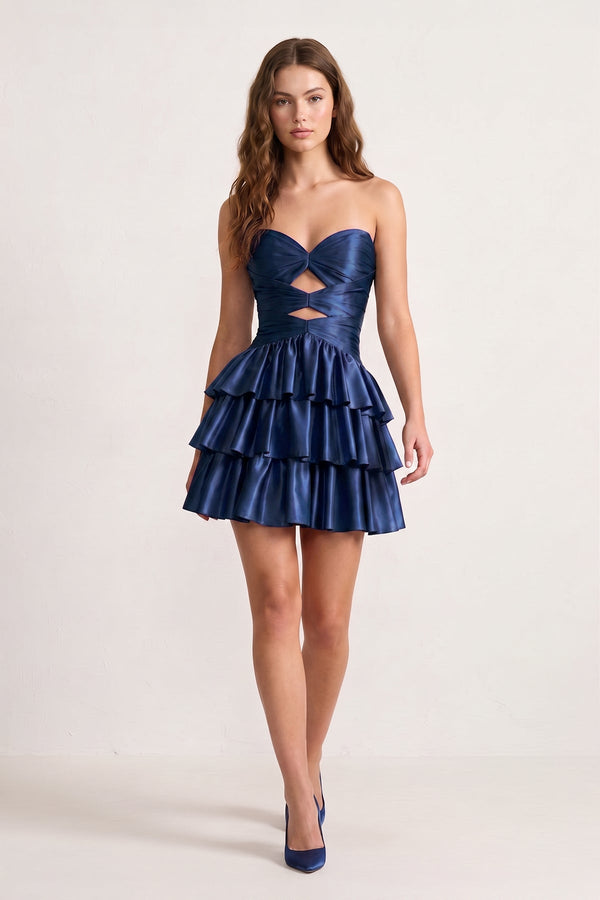 Fuchsia Sweetheart Ruffled A-Line Cut-Out Satin Homecoming Dress