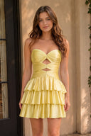 Fuchsia Sweetheart Ruffled A-Line Cut-Out Satin Homecoming Dress