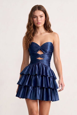 Fuchsia Sweetheart Ruffled A-Line Cut-Out Satin Homecoming Dress