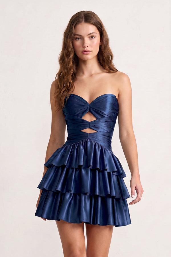 Fuchsia Sweetheart Ruffled A-Line Cut-Out Satin Homecoming Dress