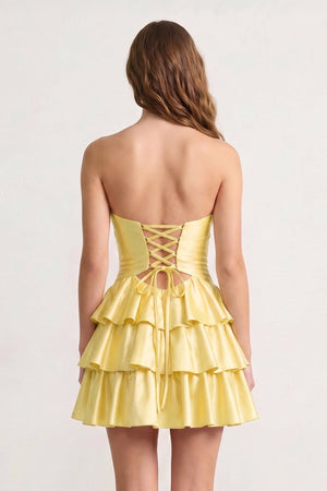 Fuchsia Sweetheart Ruffled A-Line Cut-Out Satin Homecoming Dress