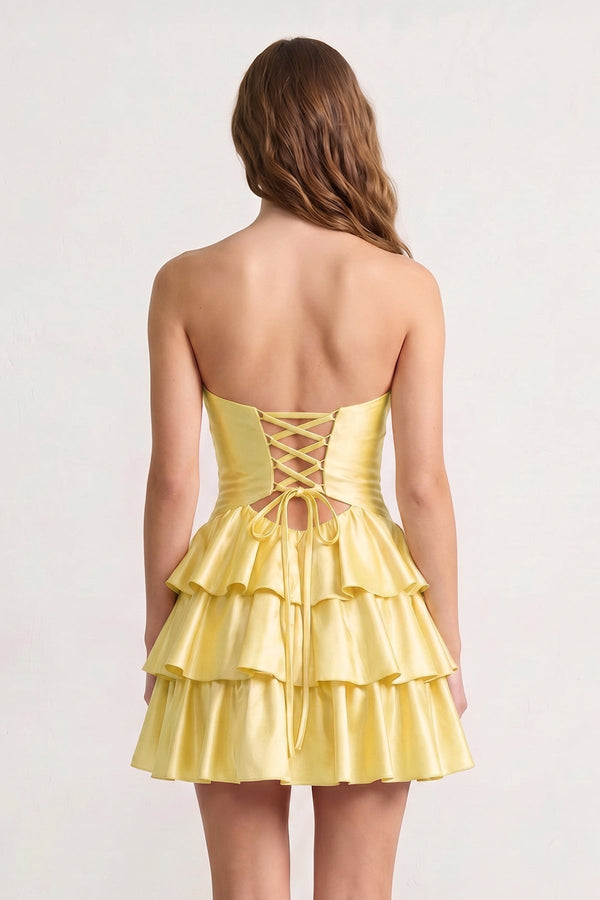 Fuchsia Sweetheart Ruffled A-Line Cut-Out Satin Homecoming Dress