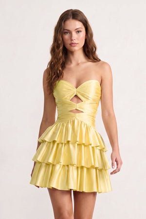 Fuchsia Sweetheart Ruffled A-Line Cut-Out Satin Homecoming Dress