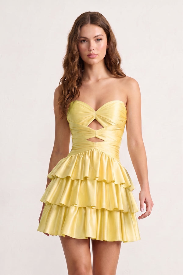 Fuchsia Sweetheart Ruffled A-Line Cut-Out Satin Homecoming Dress