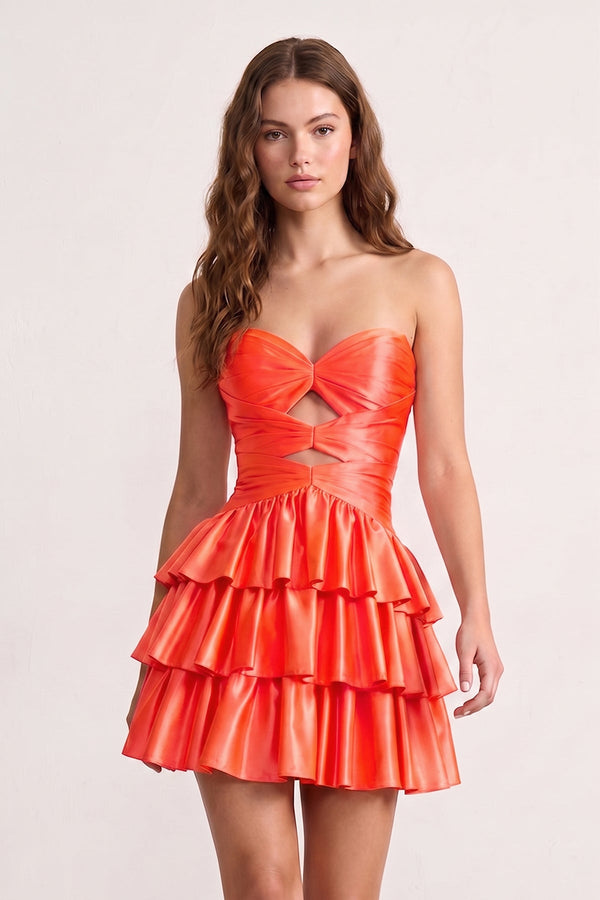 Fuchsia Sweetheart Ruffled A-Line Cut-Out Satin Homecoming Dress