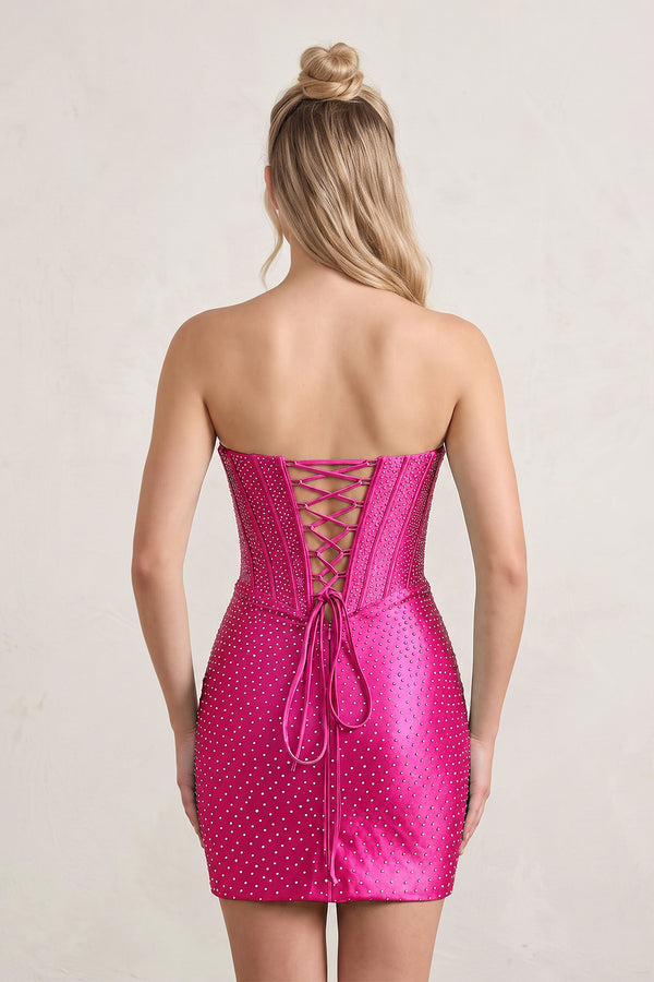 Fuchsia Sweetheart Satin Sheath Corset Homecoming Dress With Rhinestones (2) | KISSPROM