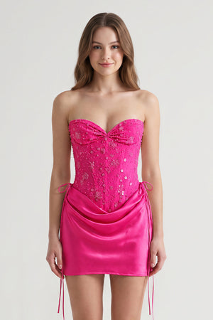 Fuchsia Sweetheart Sheath Corset Ruched Satin Homecoming Dress with Beading (3) | KISSPROM