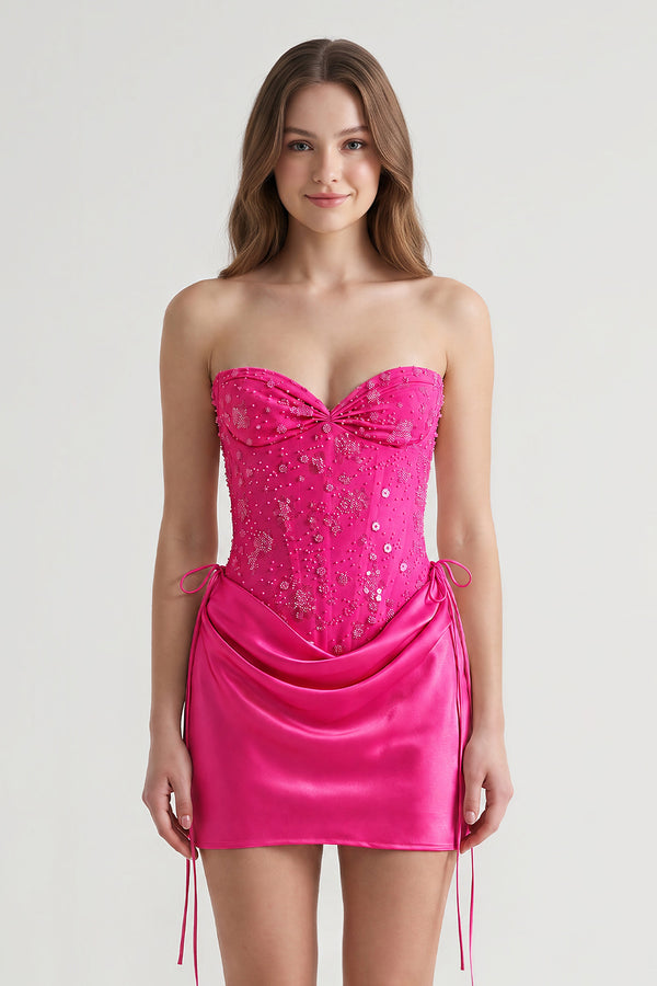 Fuchsia Sweetheart Sheath Corset Ruched Satin Homecoming Dress with Beading (3) | KISSPROM
