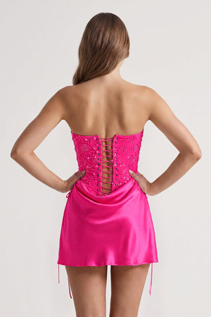 Fuchsia Sweetheart Sheath Corset Ruched Satin Homecoming Dress with Beading (4) | KISSPROM
