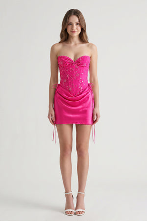 Fuchsia Sweetheart Sheath Corset Ruched Satin Homecoming Dress with Beading (5) | KISSPROM