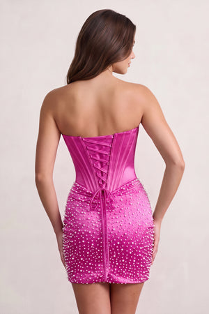 Fuchsia Sweetheart Sheath Satin Corset Homecoming Dress With Pearl (4) | KISSPROM