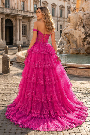 Periwinkle Tulle Appliques Off-the-Shoulder Ruffle Long Prom Dress - KissProm