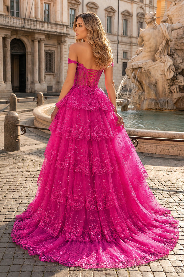 Periwinkle Tulle Appliques Off-the-Shoulder Ruffle Long Prom Dress - KissProm