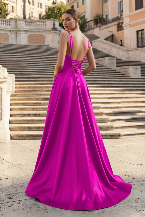 KissProm- Fuchsia V Neck A Line Satin Long Prom Dresses With Slit