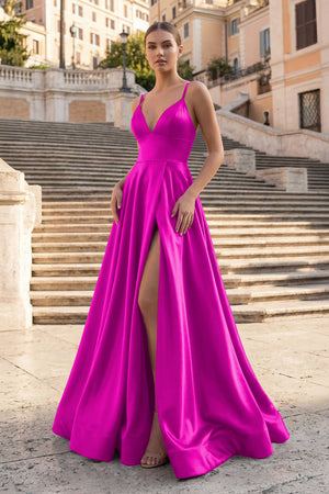 KissProm- Fuchsia V Neck A Line Satin Long Prom Dresses With Slit