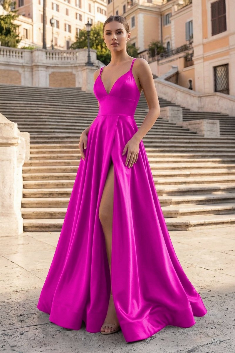 Burgundy Spaghetti Straps A Line Satin Long Prom Dresses With Slit