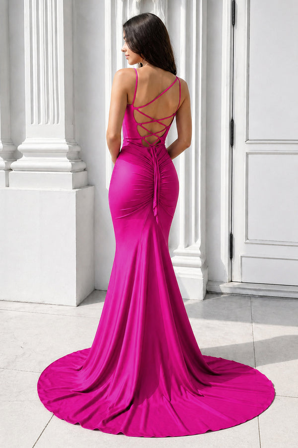 Purple Spaghetti Straps Lace-Up Mermaid Long Formal Dress-KissProm