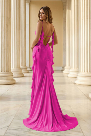 KissProm-Fuchsia Spaghetti Straps Mermaid Satin Ruffled Long Prom Dresses With Slit