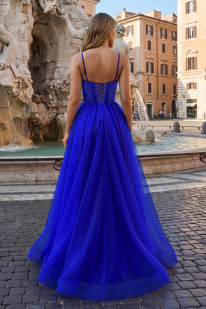 Fuchsia Spaghetti Straps Sheer Bodice A-Line Long Prom Dress with Slit - KISSPROM PROM DRESSES