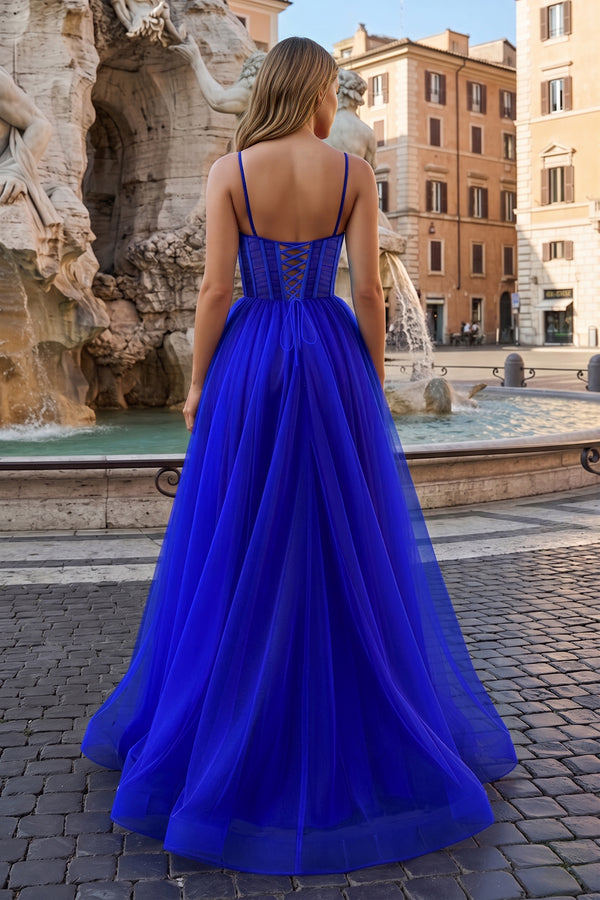 Fuchsia Spaghetti Straps Sheer Bodice A-Line Long Prom Dress with Slit - KISSPROM PROM DRESSES