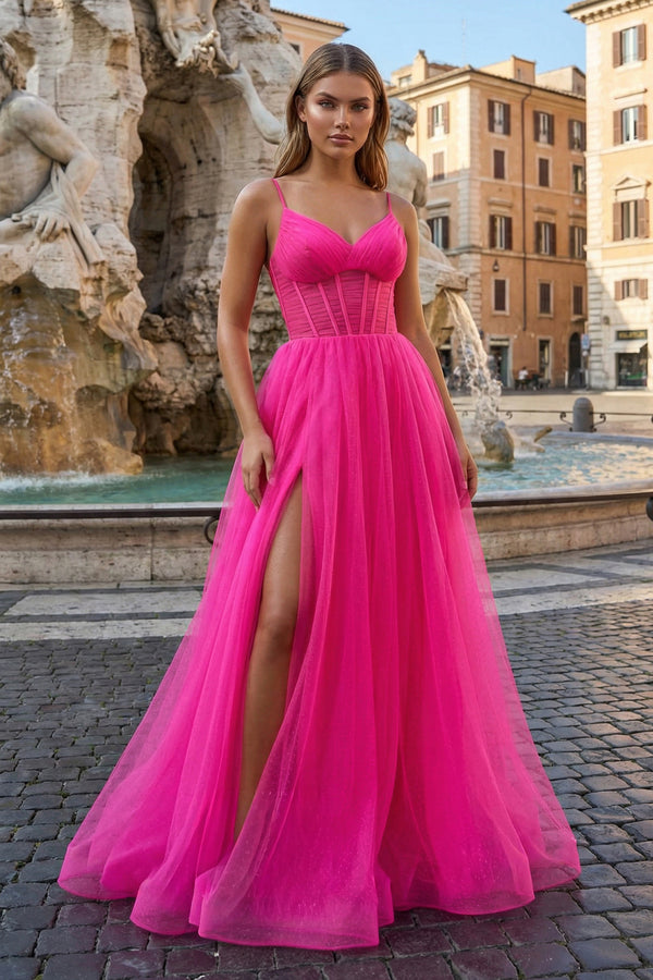 KissProm-Fuchsia V-Neck Sheer Bodice A-Line Long Prom Dress with Slit