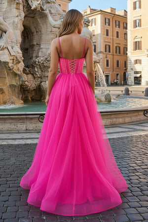 KissProm-Fuchsia V-Neck Sheer Bodice A-Line Long Prom Dress with Slit
