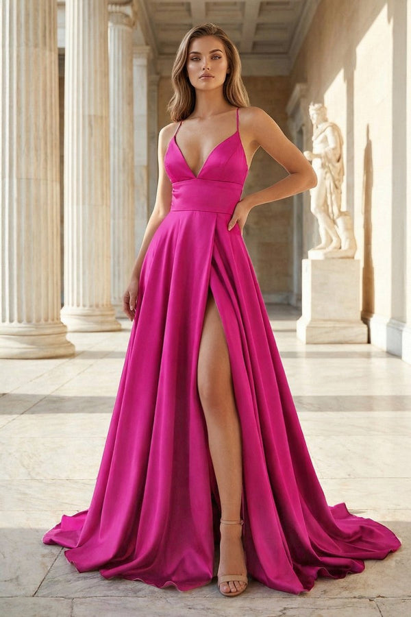 KissProm Pink Spaghetti Straps Satin Backless A Line Prom Dress With Pockets, Fuchsia / 12
