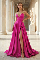 Pink Spaghetti Straps Satin Backless A Line Prom Dress With Pockets - KissProm