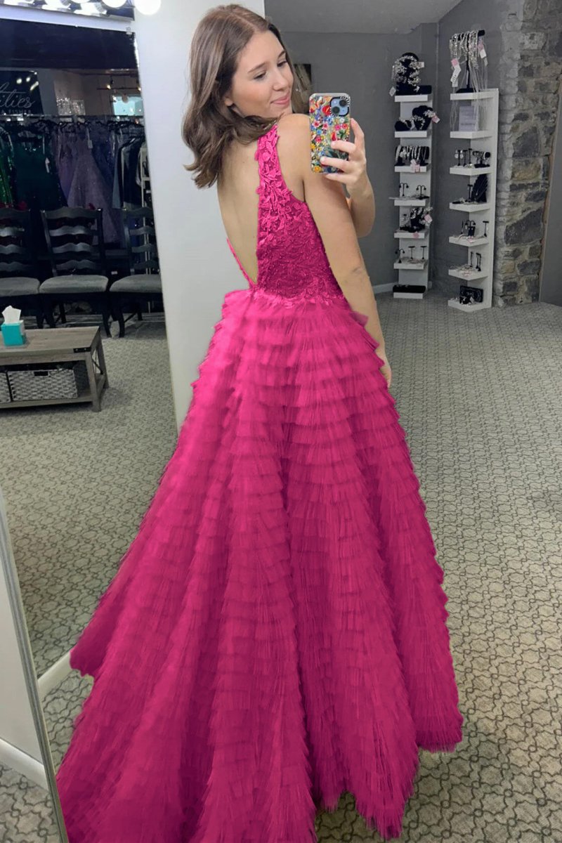 Yellow Plunge V Ruffle Tiered Long Prom Dress with Slit - KissProm