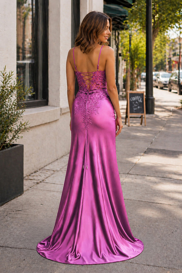 Sheath Spaghetti Straps Black Satin Long Prom Dresses with Lace Appliques – Prom Dress by KissProm | Available at KissProm