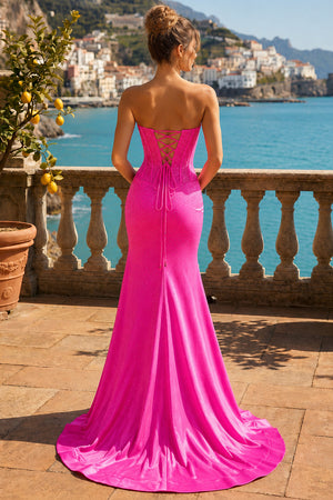 Fuchsia - Strapless Mermaid Satin Beaded Corset Long Formal Prom Dresses With Slit - KissProm
