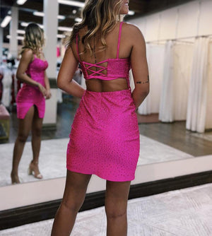 Sheath Beaded Satin Homecoming Dress with Slit - KissProm