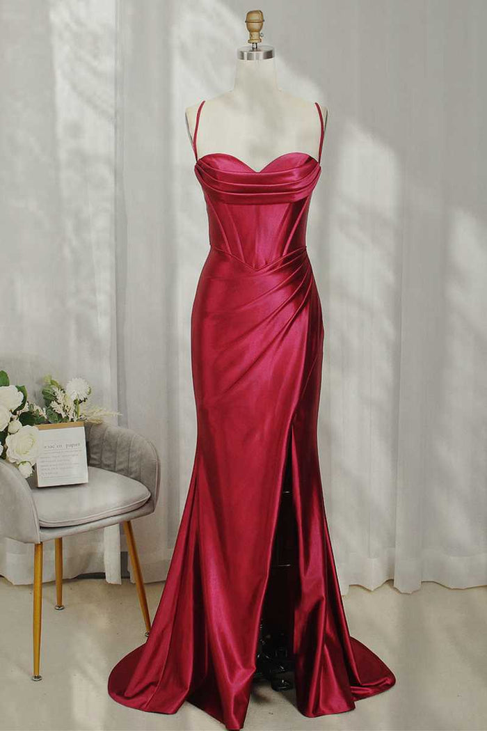 Sexy Strapless Pink Satin Mermaid Prom Dress With Slit  cc1969