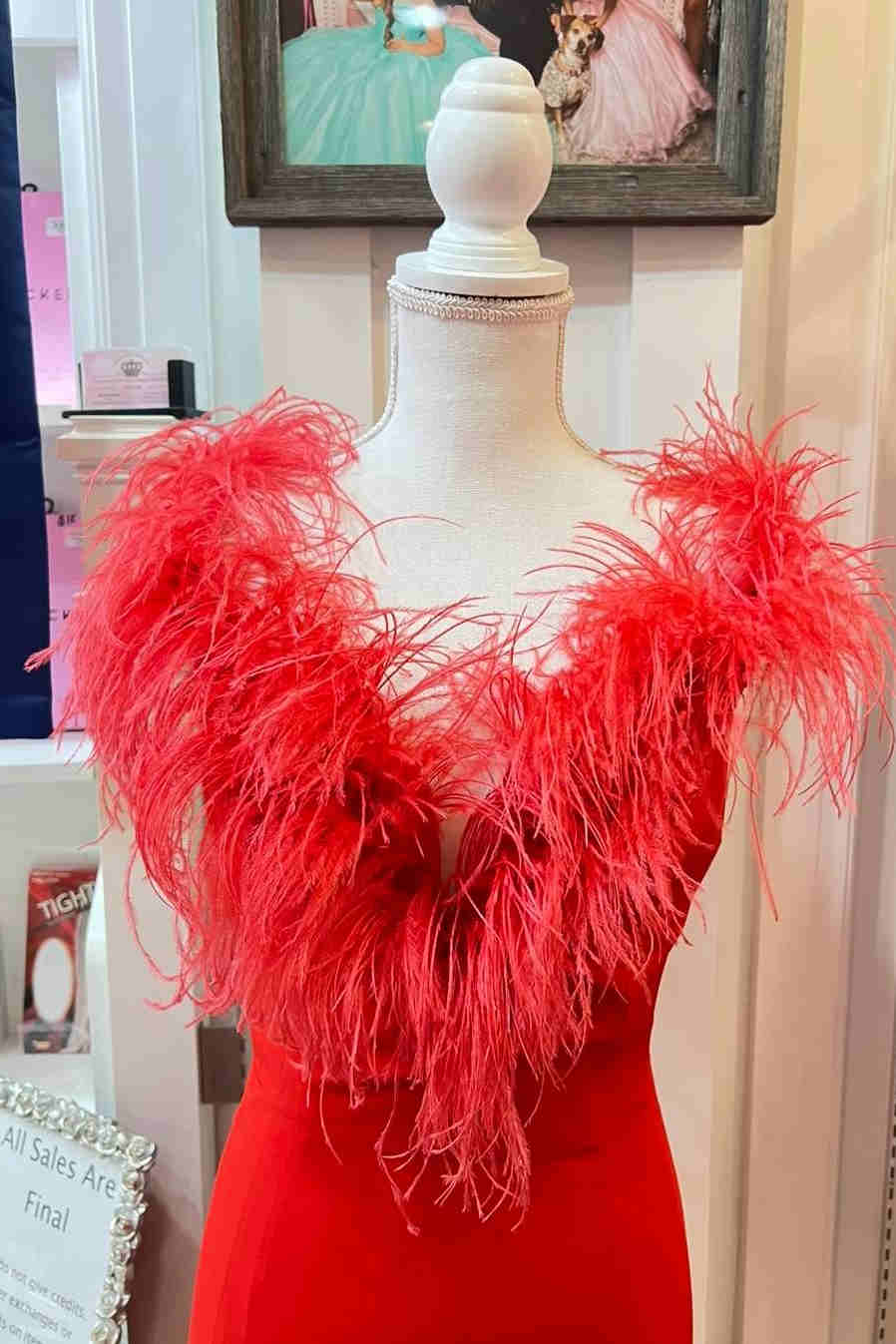 Plunging Neck Red Feather Long Formal Dress with Slit Plunging Neck Red Feather Long Formal Dress with Slit