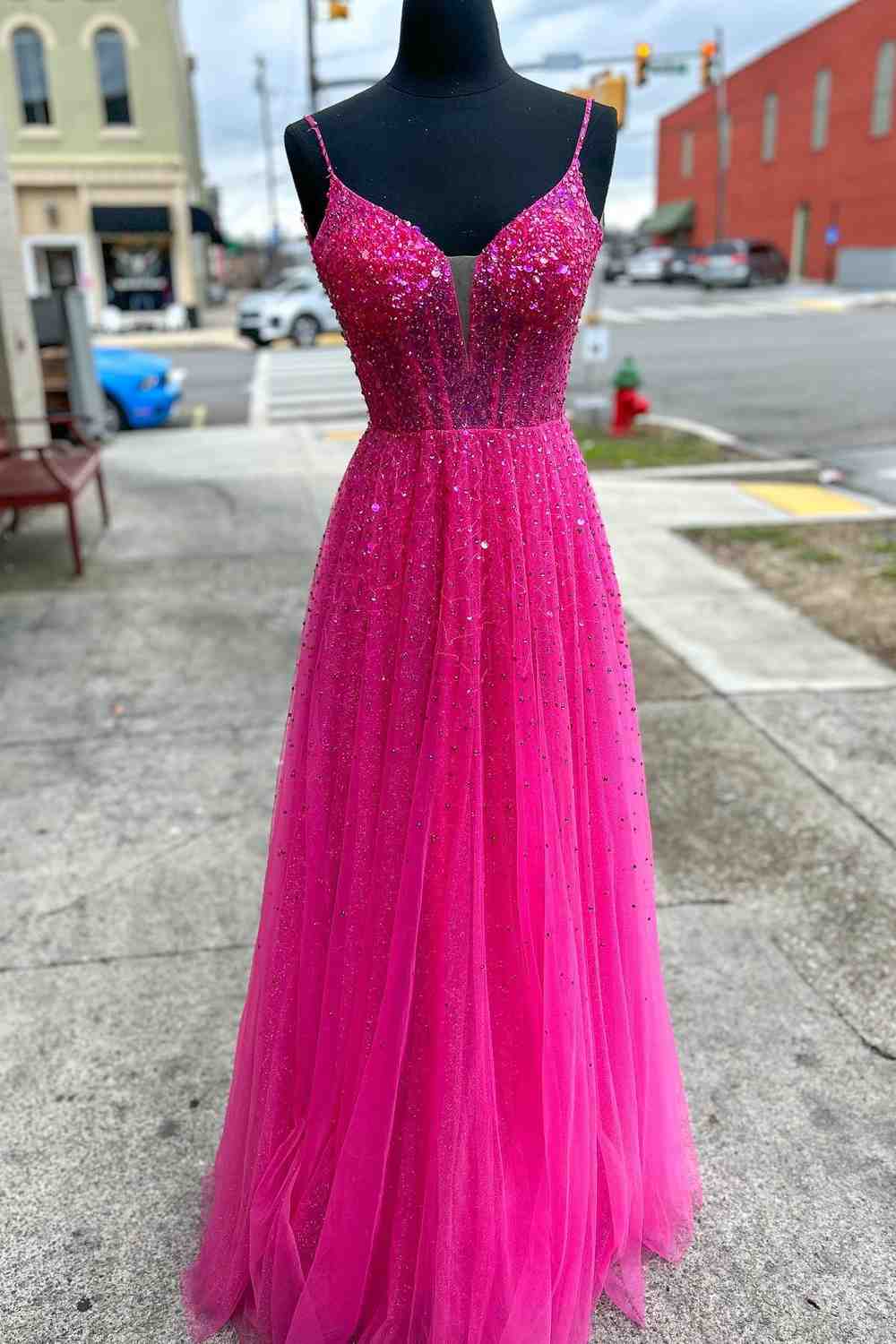 white christmas dresses Straps Neon Pink Beaded A-Line Long Formal Dress