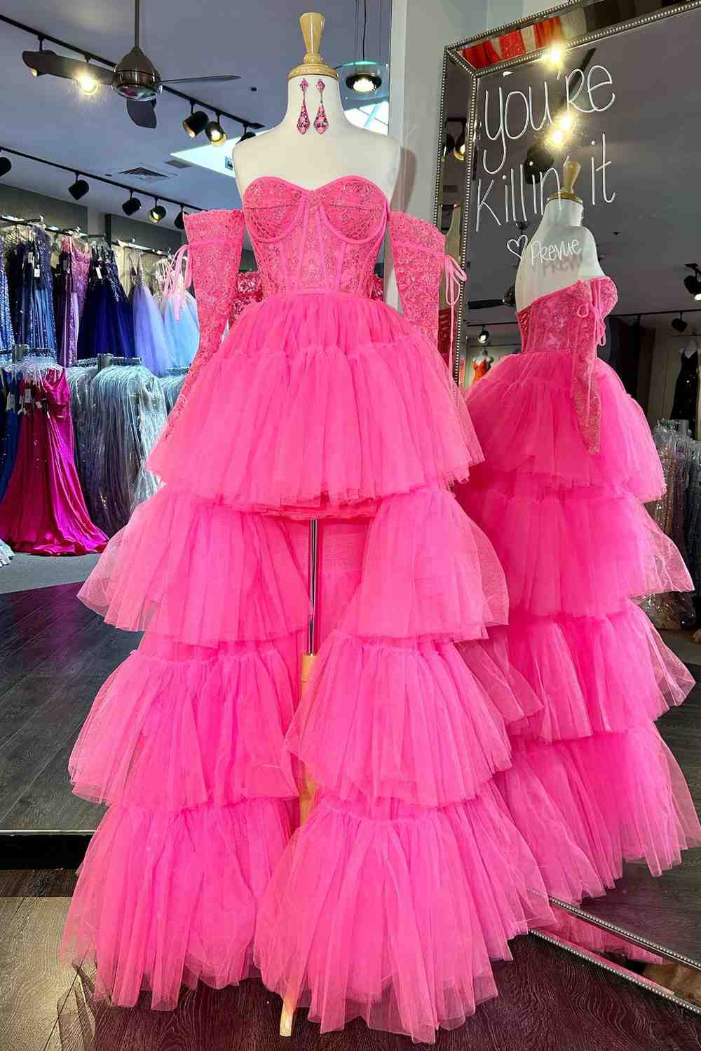 Sue | Hot Pink Off - Shoulder A - line Tulle Layers Applique Hi - Low Prom Dress - KissProm