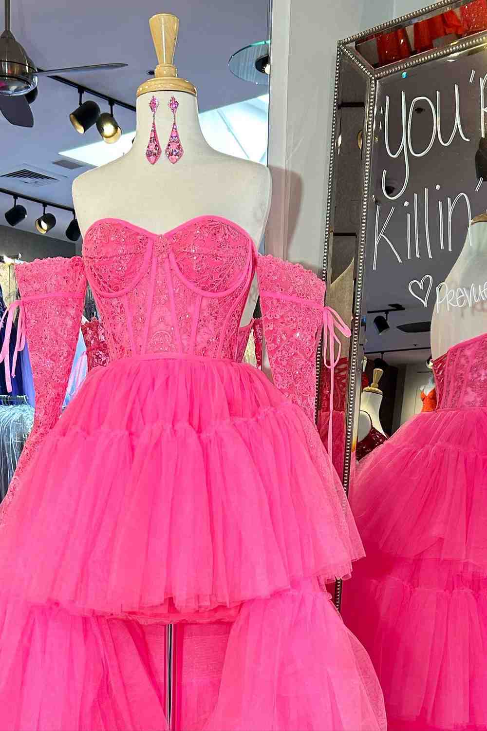 Sue | Hot Pink Off - Shoulder A - line Tulle Layers Applique Hi - Low Prom Dress - KissProm