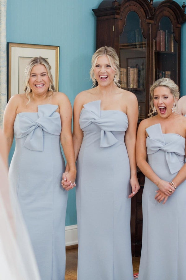Strapless Tie Front Sky Blue Sheath Long Bridesmaid Dress - KissProm