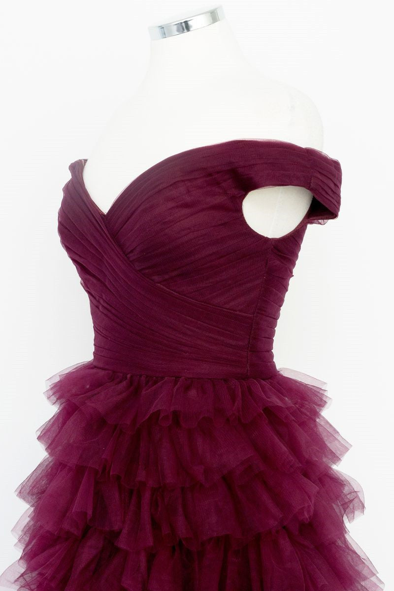 Fallon | Off the Shoulder Dark Berry Pleated Sheer Tiered Prom Dress