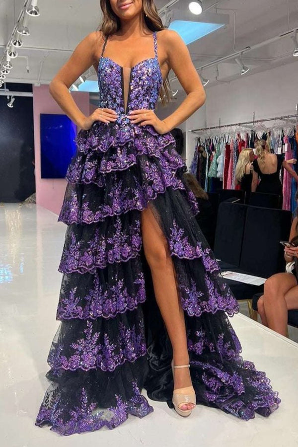 Martha | Straps Fuchsia Sequin Layered Formal Dress with Slit