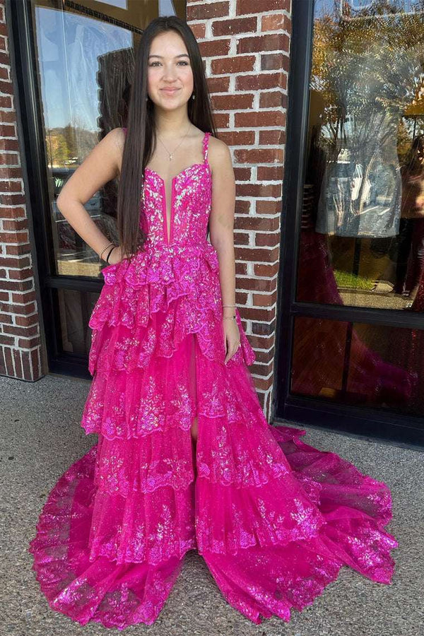 Straps Fuchsia Sequin Layered Formal Dress with Slit Fuchsia / Custom Size Straps Fuchsia Sequin Layered Formal Dress with Slit Fuchsia / Custom Size