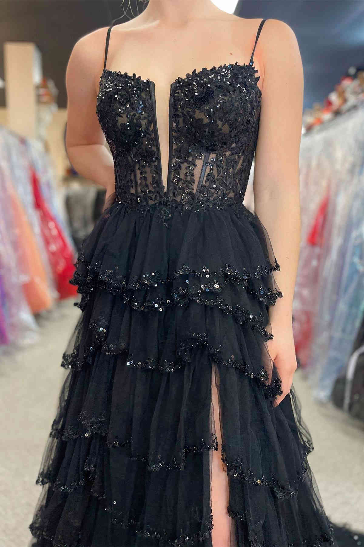 Straps Black Mesh Cutout Sequined Layered Long Prom Dress Black / 6 Straps Black Mesh Cutout Sequined Layered Long Prom Dress Black / 6