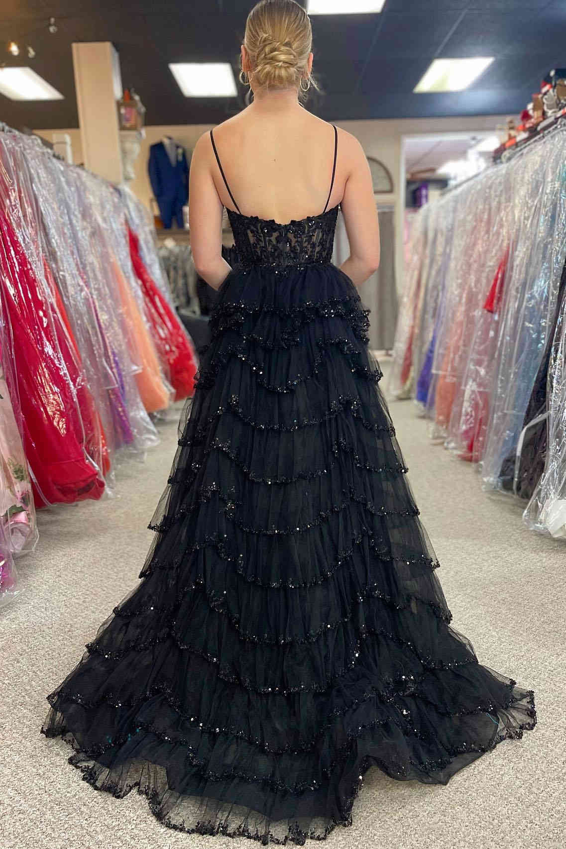 Abbie | Straps Black Mesh Cutout Sequined Layered Long Prom Dress