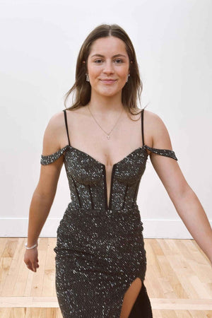 Rosemary | Cold Shoulder Black Beaded Slit Mermaid Prom Dress