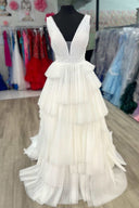 Maya | White V - Neck Pleated Layered Long Formal Dress - KissProm