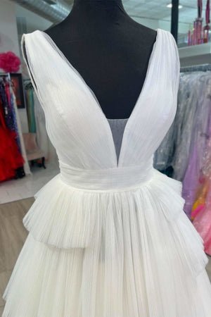 Maya | White V - Neck Pleated Layered Long Formal Dress - KissProm