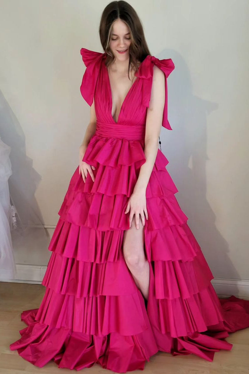 Renee | Plunging V-Neck Fuchsia Bow Straps Ruffle Ball Gown