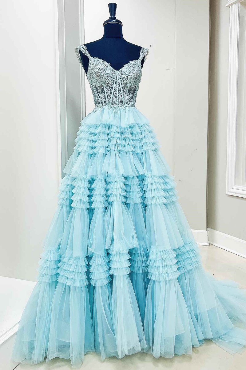 Red Tulle Off-the-Shoulder Ruffle Tiered Long Prom Dress Sky Blue / 00 / Tulle