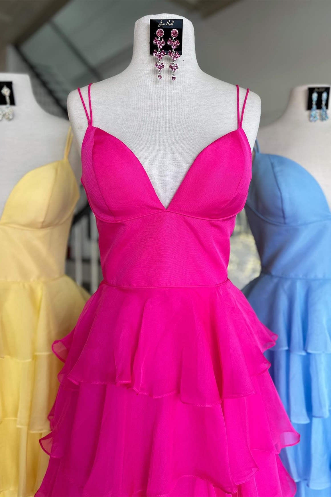 Margot | V-Neck Straps Fuchsia Ruffle Chiffon Prom Dress with Slit