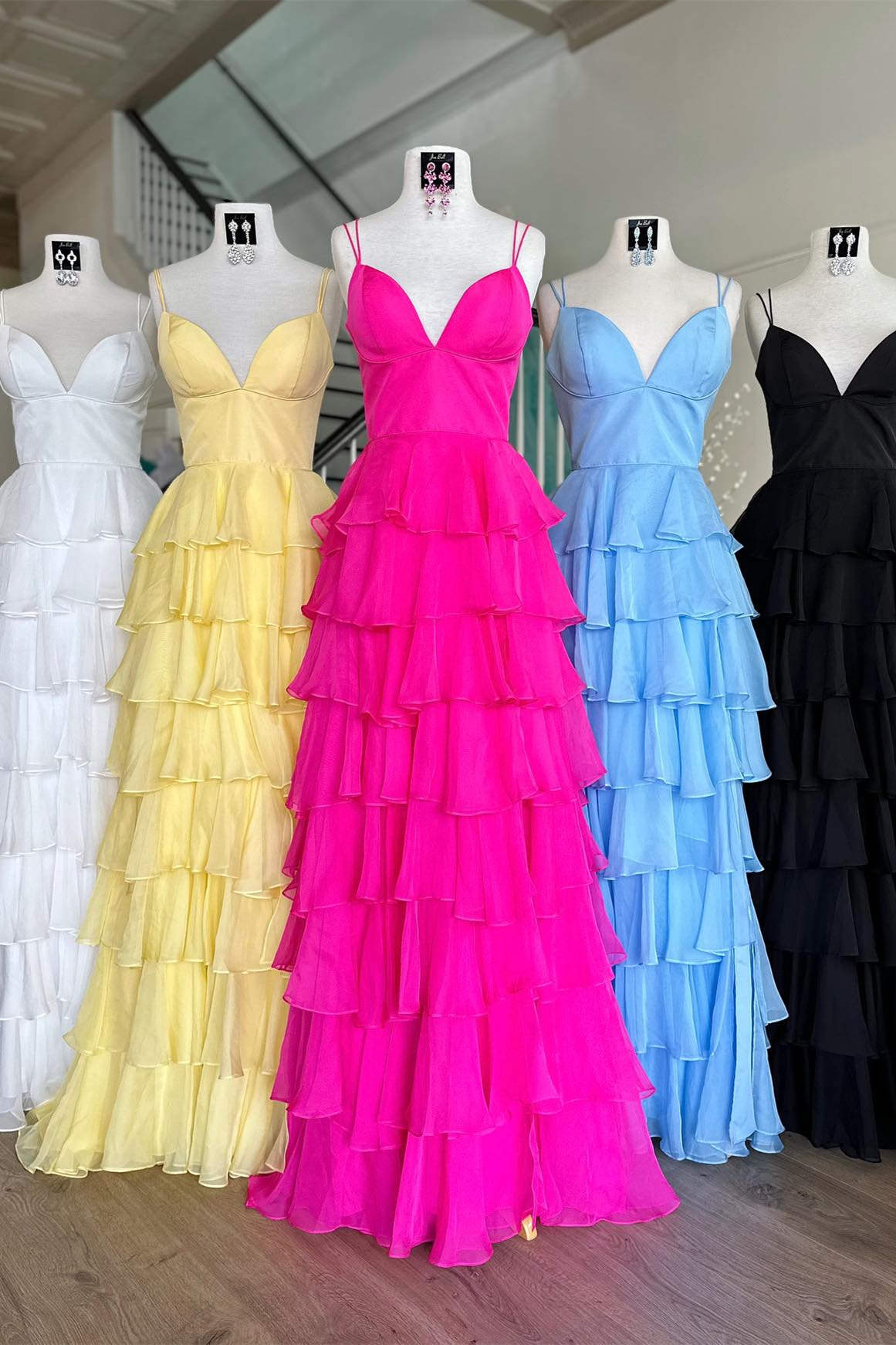 Margot | V-Neck Straps Fuchsia Ruffle Chiffon Prom Dress with Slit